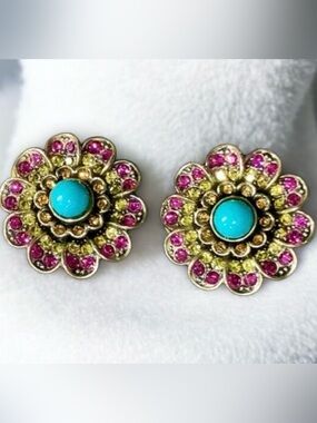 Heidi Daus Floral Gold, Pink and Turquoise Earrings. NWOT